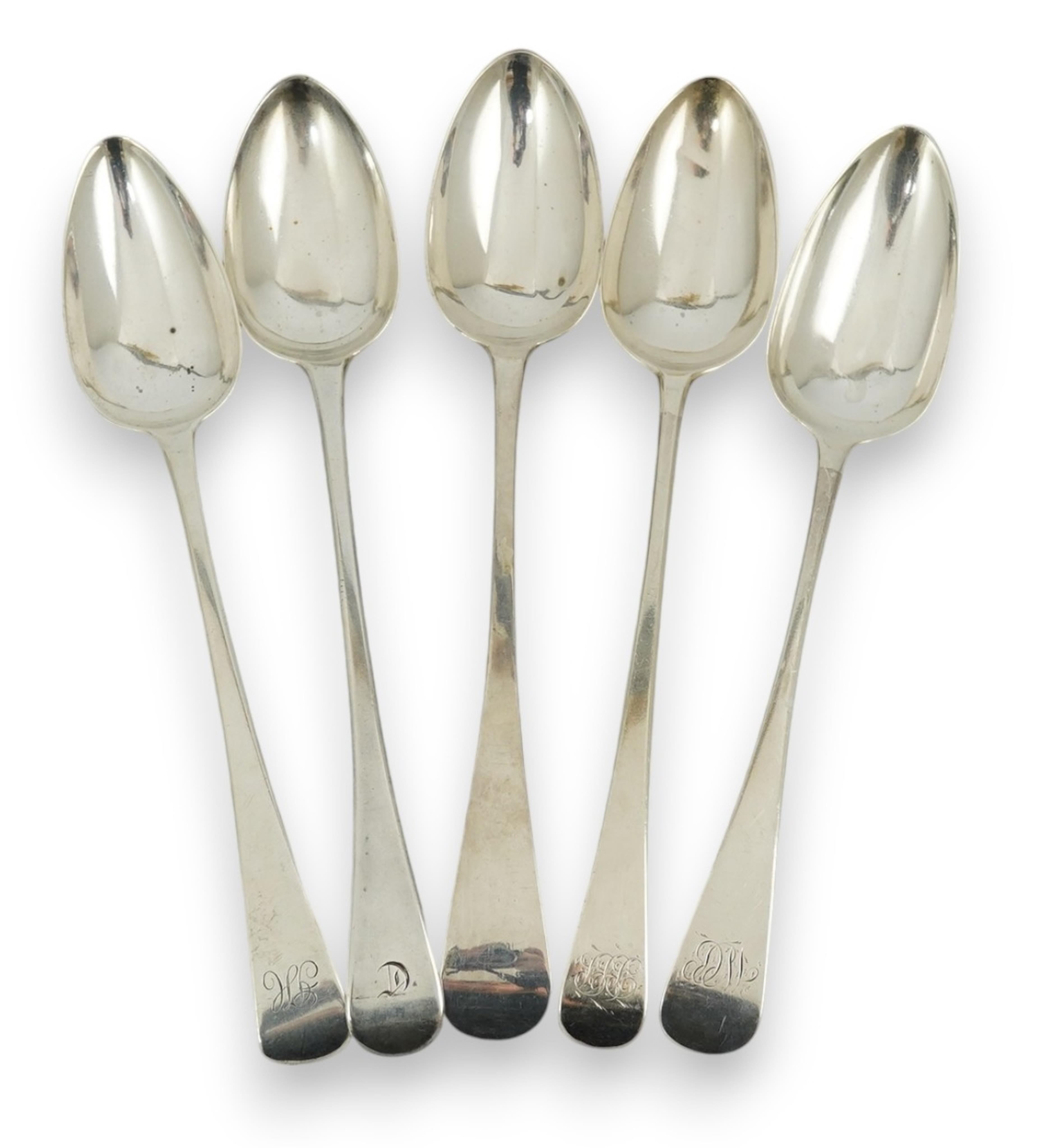 Five assorted late 18th/early 19th century silver Old English pattern basting spoons, various dates and makers, earliest Smith & Fearn, London, 1797, latest London, 1825, 18.5oz.